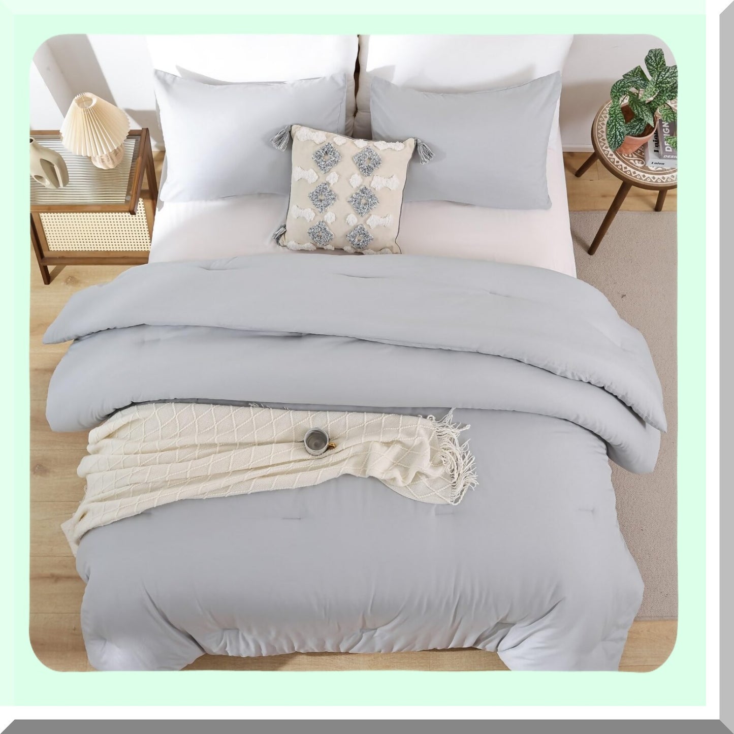 Light Grey Boho Comforter Set - 3 Piece Gray Bedding Set with 2 Pillowcases - All Season Lightweight Bedspread Quilt - Cozy Blanket Gift