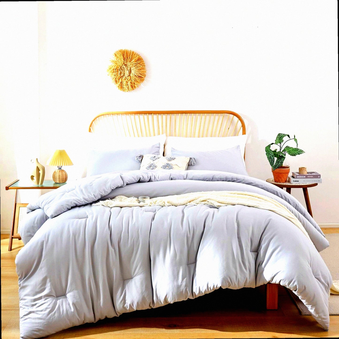 Light Grey Boho Comforter Set - 3 Piece Gray Bedding Set with 2 Pillowcases - All Season Lightweight Bedspread Quilt - Cozy Blanket Gift