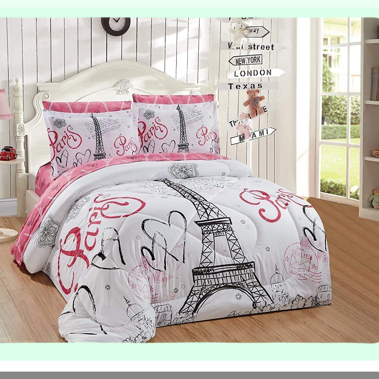 Eiffel Tower Dream 7-Piece Comforter Set - Parisian Chic Bedding Collection with Complete Sheet Set - Queen Size White Black Pink Design