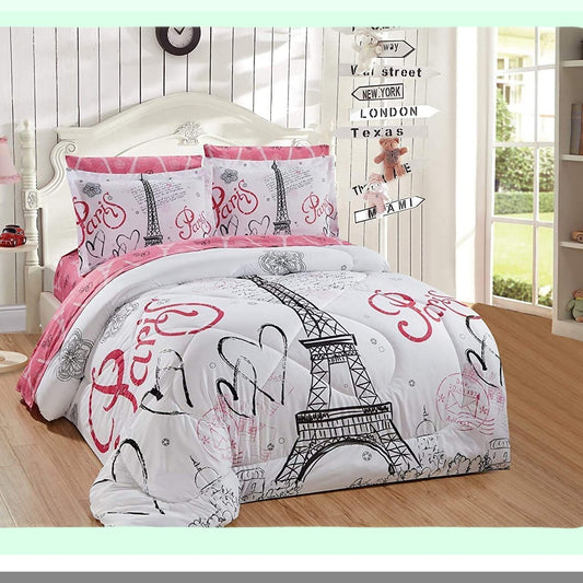 Eiffel Tower Dream 7-Piece Comforter Set - Parisian Chic Bedding Collection with Complete Sheet Set - Queen Size White Black Pink Design