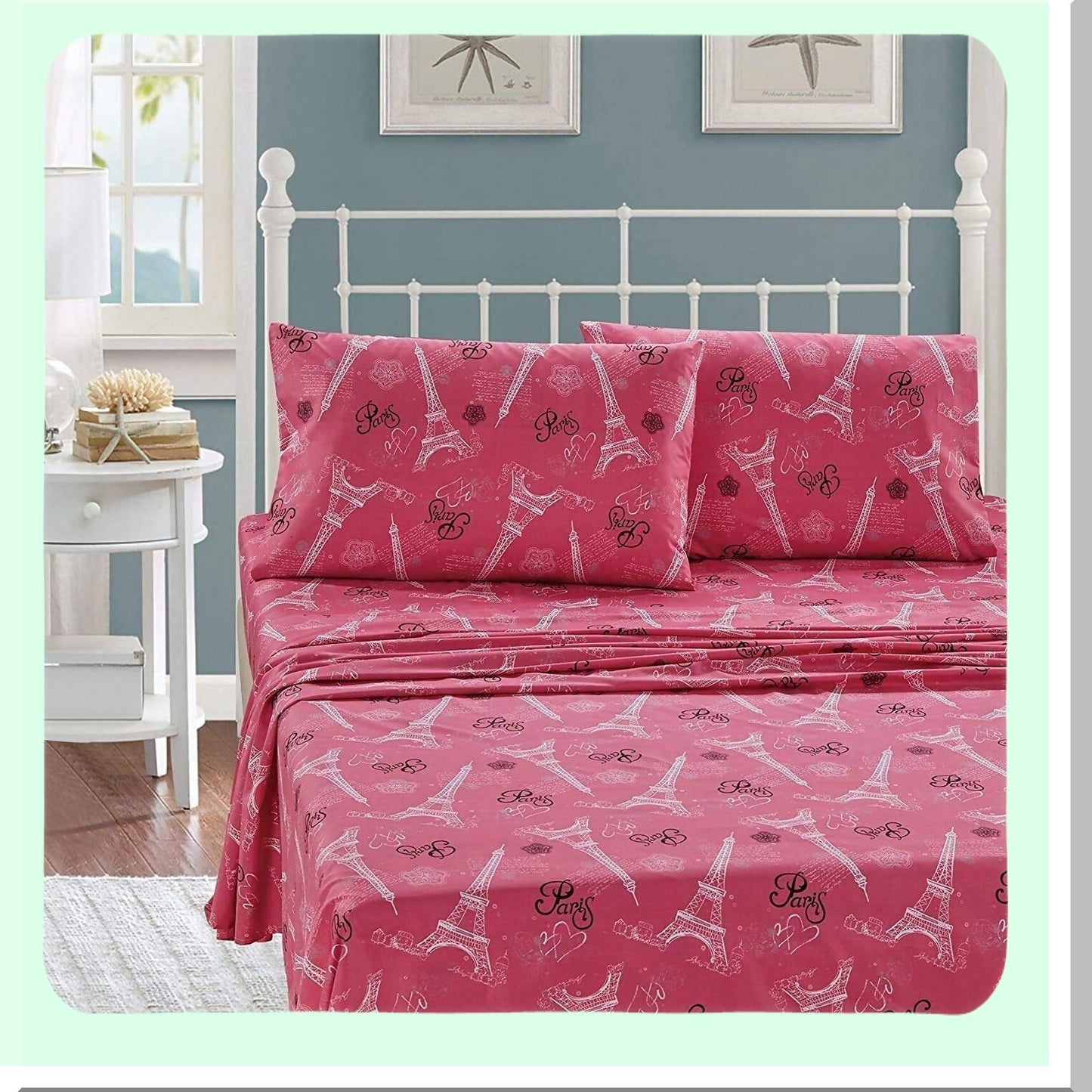Eiffel Tower Dream 7-Piece Comforter Set - Parisian Chic Bedding Collection with Complete Sheet Set - Queen Size White Black Pink Design