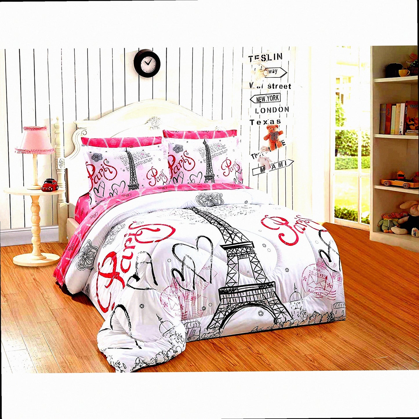 Eiffel Tower Dream 7-Piece Comforter Set - Parisian Chic Bedding Collection with Complete Sheet Set - Queen Size White Black Pink Design