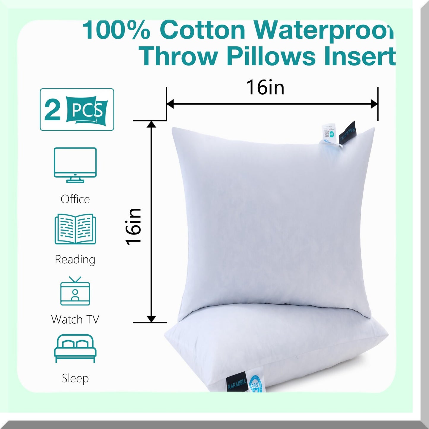 Waterproof Down Filled Throw Pillow Inserts - Set of 2 16X16 Decorative Pillows for Couch-Bed with 100% Cotton Shell - Outdoor Cushion Insert