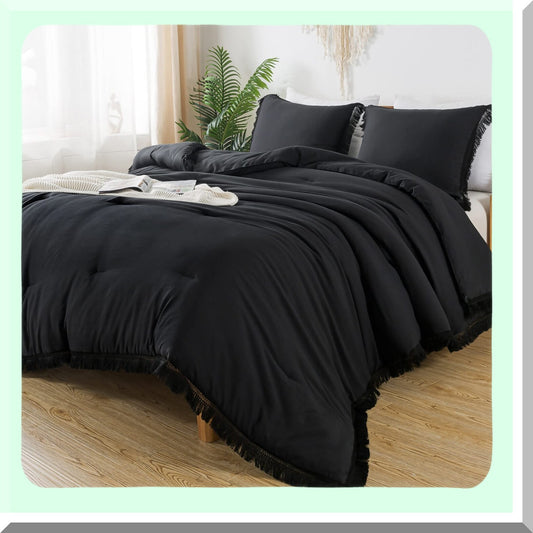California Boho Fringe Comforter Set - Soft Lightweight Bedding with Fluffy Texture - All Season 3 Piece Bed Set (104x96In Comforter + 2 Pillowcases)