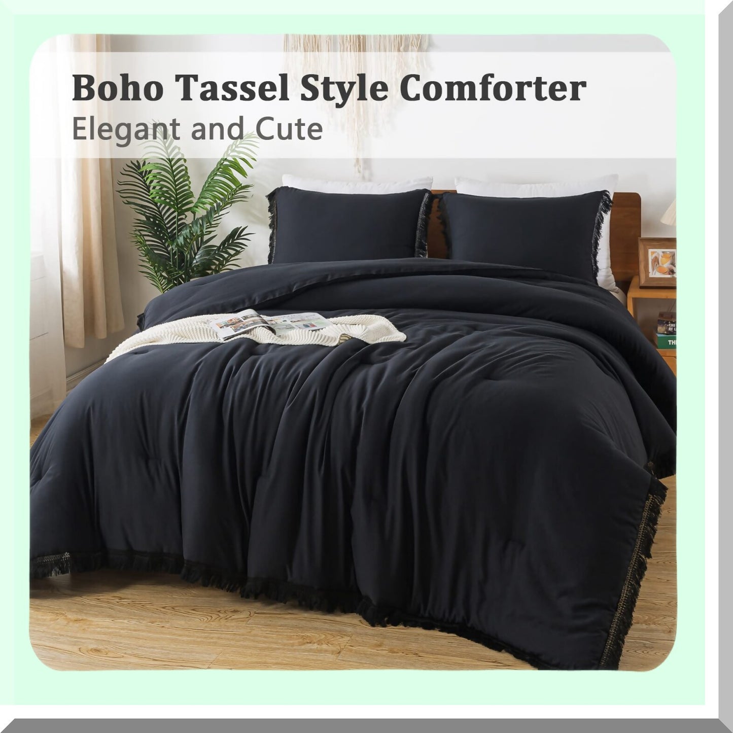 California Boho Fringe Comforter Set - Soft Lightweight Bedding with Fluffy Texture - All Season 3 Piece Bed Set (104x96In Comforter + 2 Pillowcases)