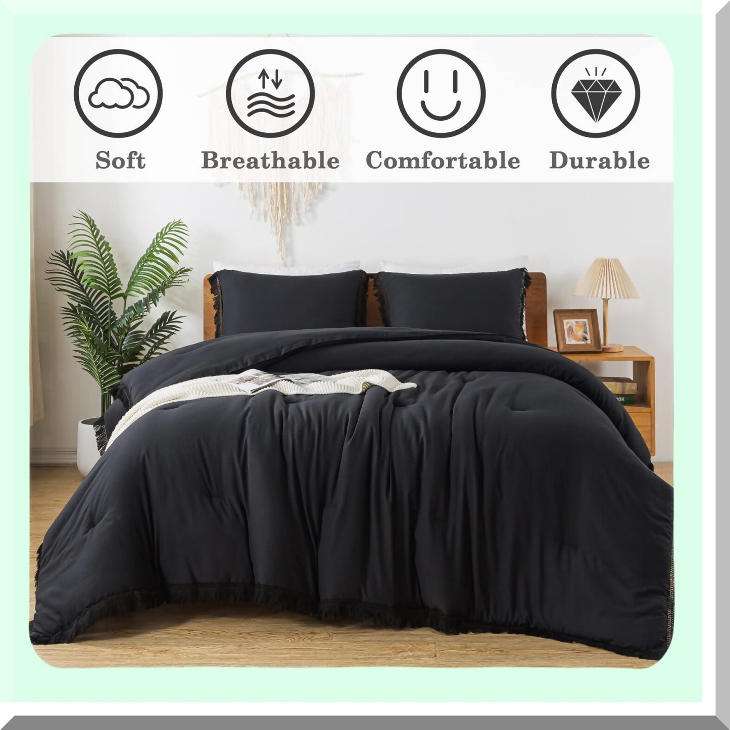 California Boho Fringe Comforter Set - Soft Lightweight Bedding with Fluffy Texture - All Season 3 Piece Bed Set (104x96In Comforter + 2 Pillowcases)