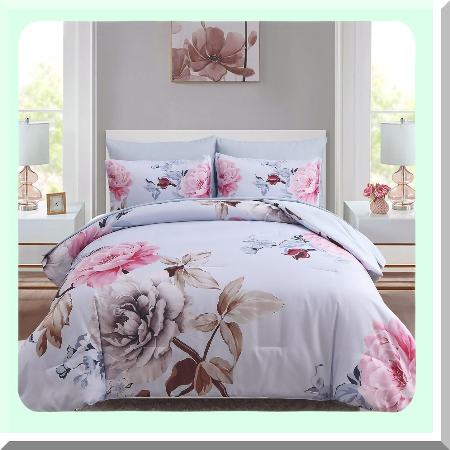 Botanical Bloom Queen Comforter Set - 7 Piece Floral Bedding Bundle with Soft Microfiber Sheets & Pillowcases - Pink Floral Bed in a Bag