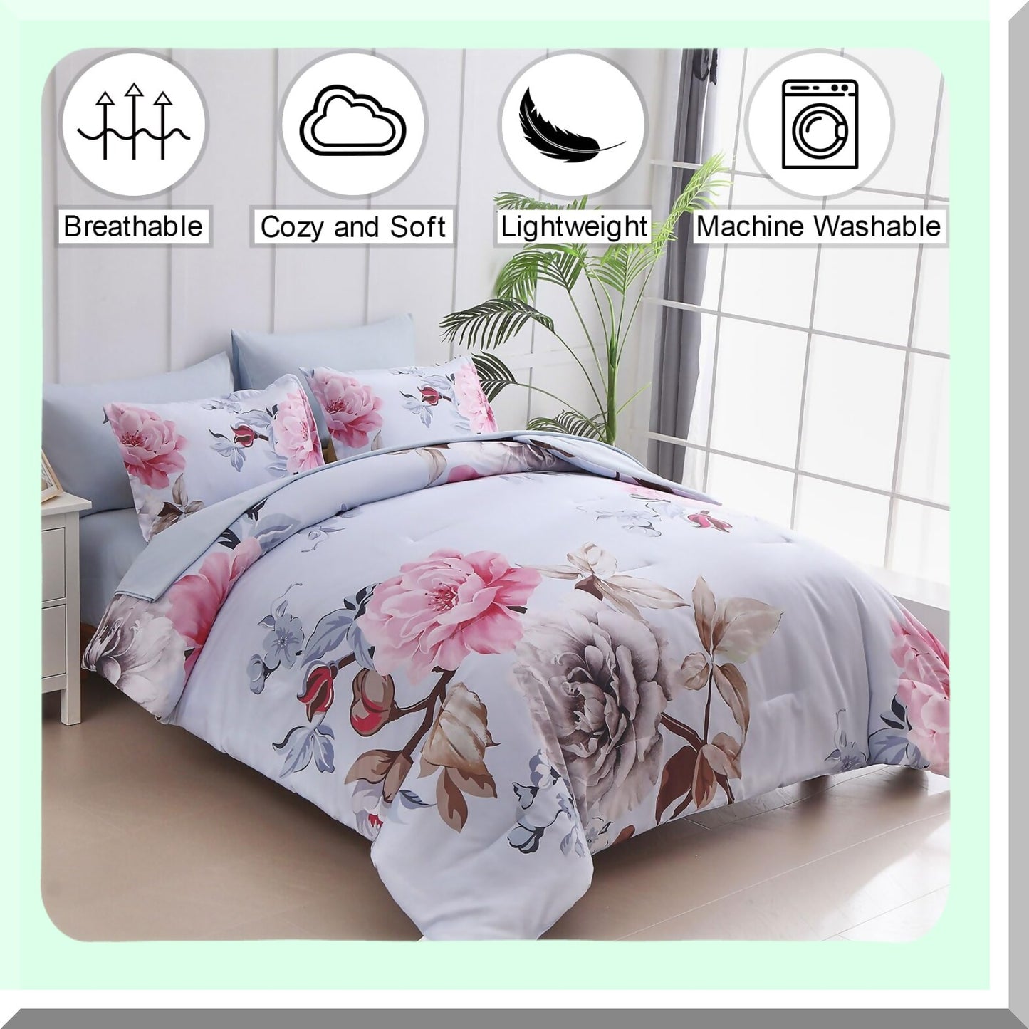 Botanical Bloom Queen Comforter Set - 7 Piece Floral Bedding Bundle with Soft Microfiber Sheets & Pillowcases - Pink Floral Bed in a Bag