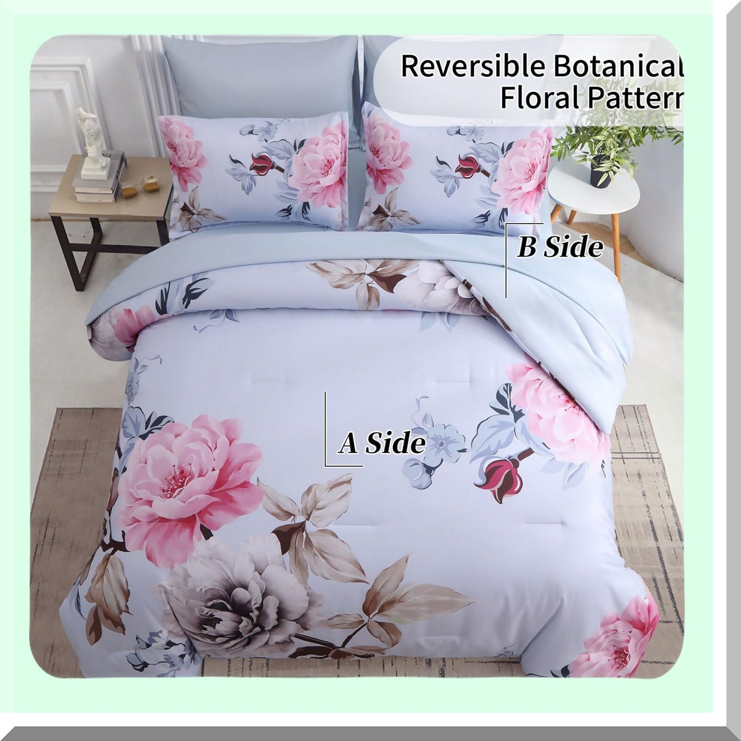 Botanical Bloom Queen Comforter Set - 7 Piece Floral Bedding Bundle with Soft Microfiber Sheets & Pillowcases - Pink Floral Bed in a Bag