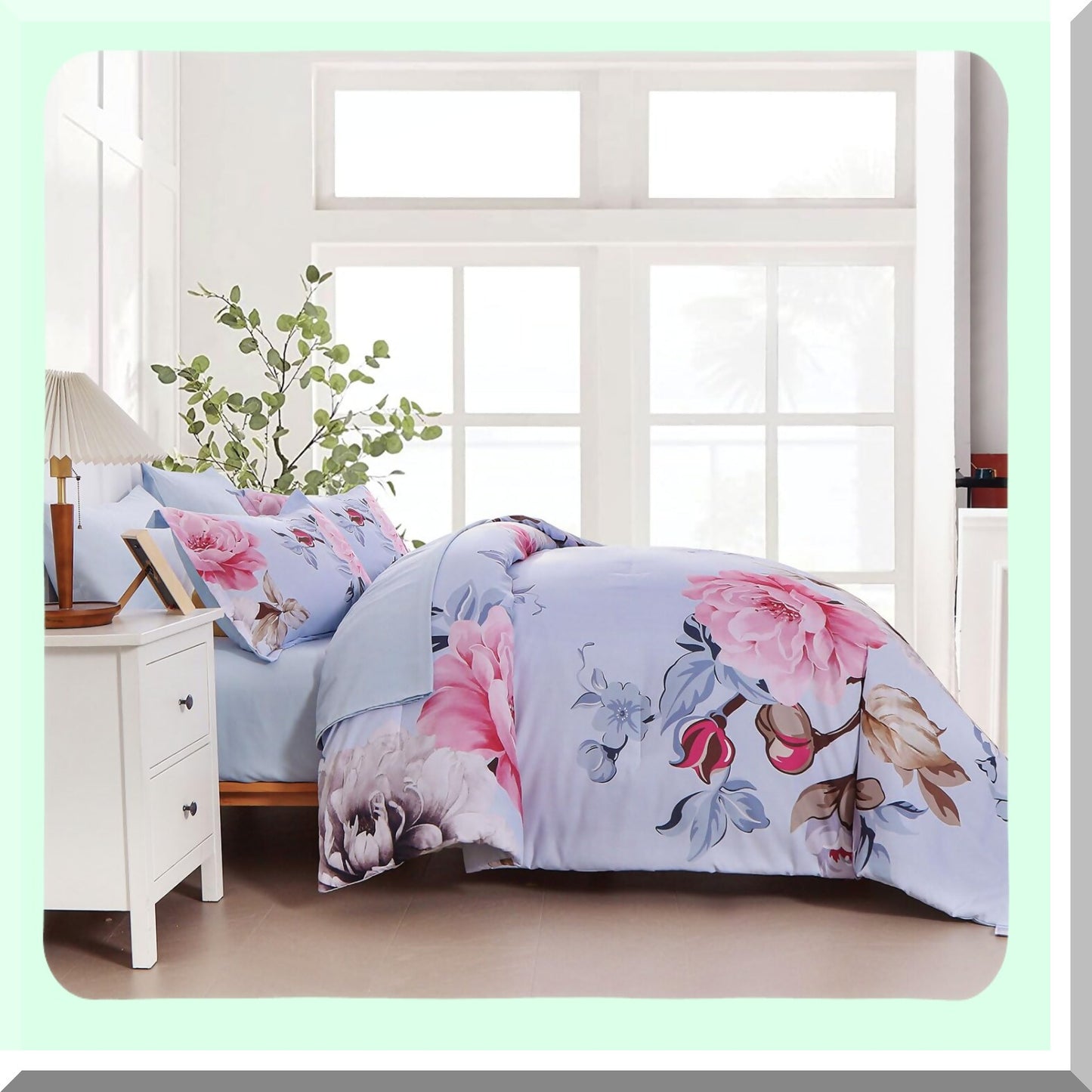 Botanical Bloom Queen Comforter Set - 7 Piece Floral Bedding Bundle with Soft Microfiber Sheets & Pillowcases - Pink Floral Bed in a Bag