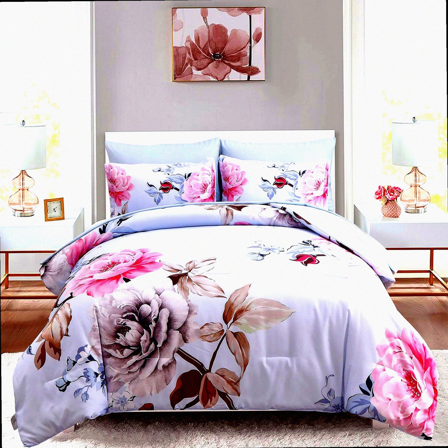 Botanical Bloom Queen Comforter Set - 7 Piece Floral Bedding Bundle with Soft Microfiber Sheets & Pillowcases - Pink Floral Bed in a Bag