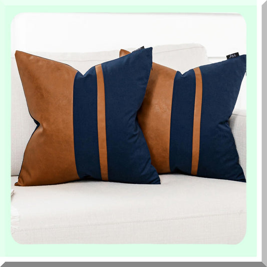 Navy Brown Patchwork Throw Pillow Covers - Set of 2, 18x18 Inch Leather Cotton Modern Farmhouse Accent Case for Living Room Couch Bed Boho Decor