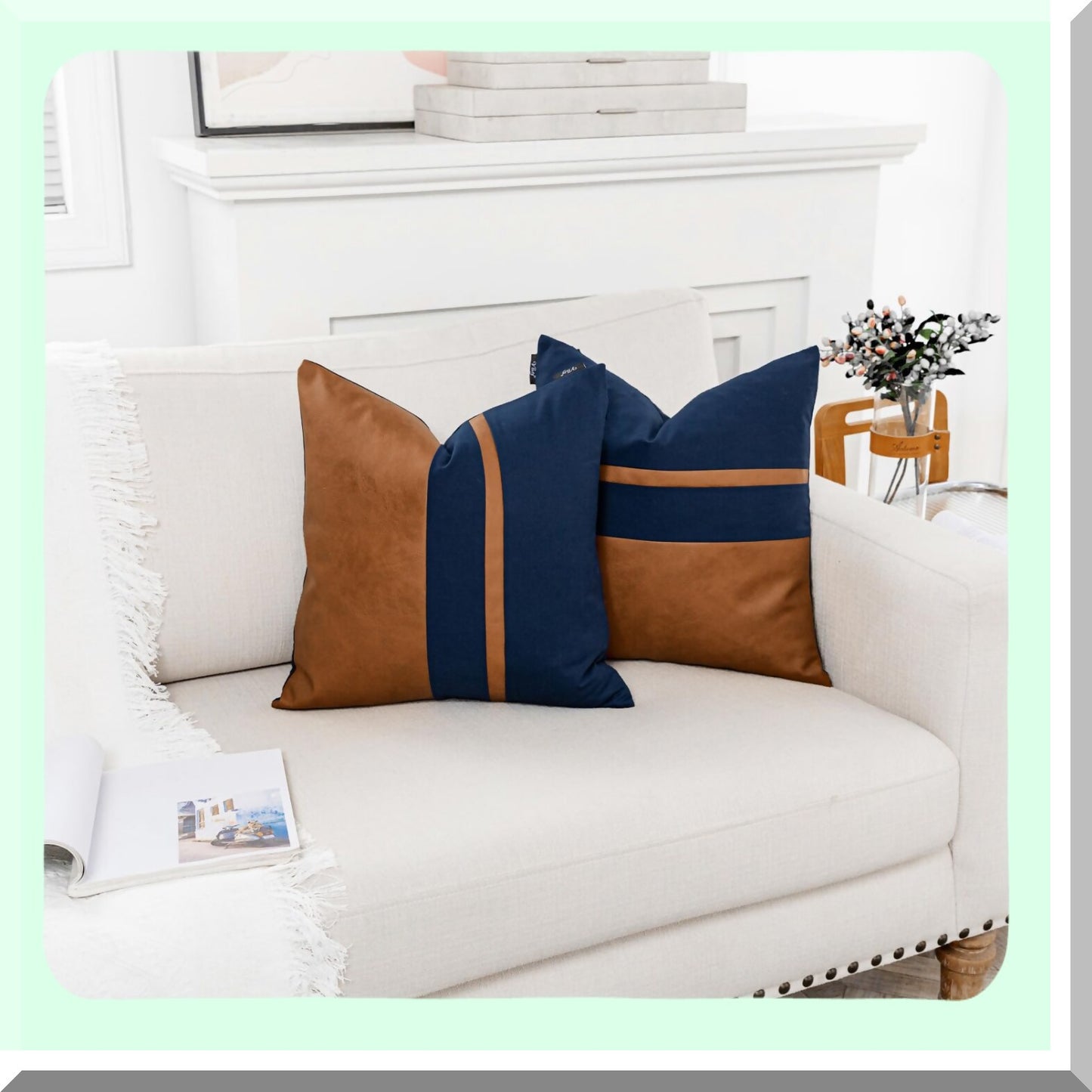Navy Brown Patchwork Throw Pillow Covers - Set of 2, 18x18 Inch Leather Cotton Modern Farmhouse Accent Case for Living Room Couch Bed Boho Decor