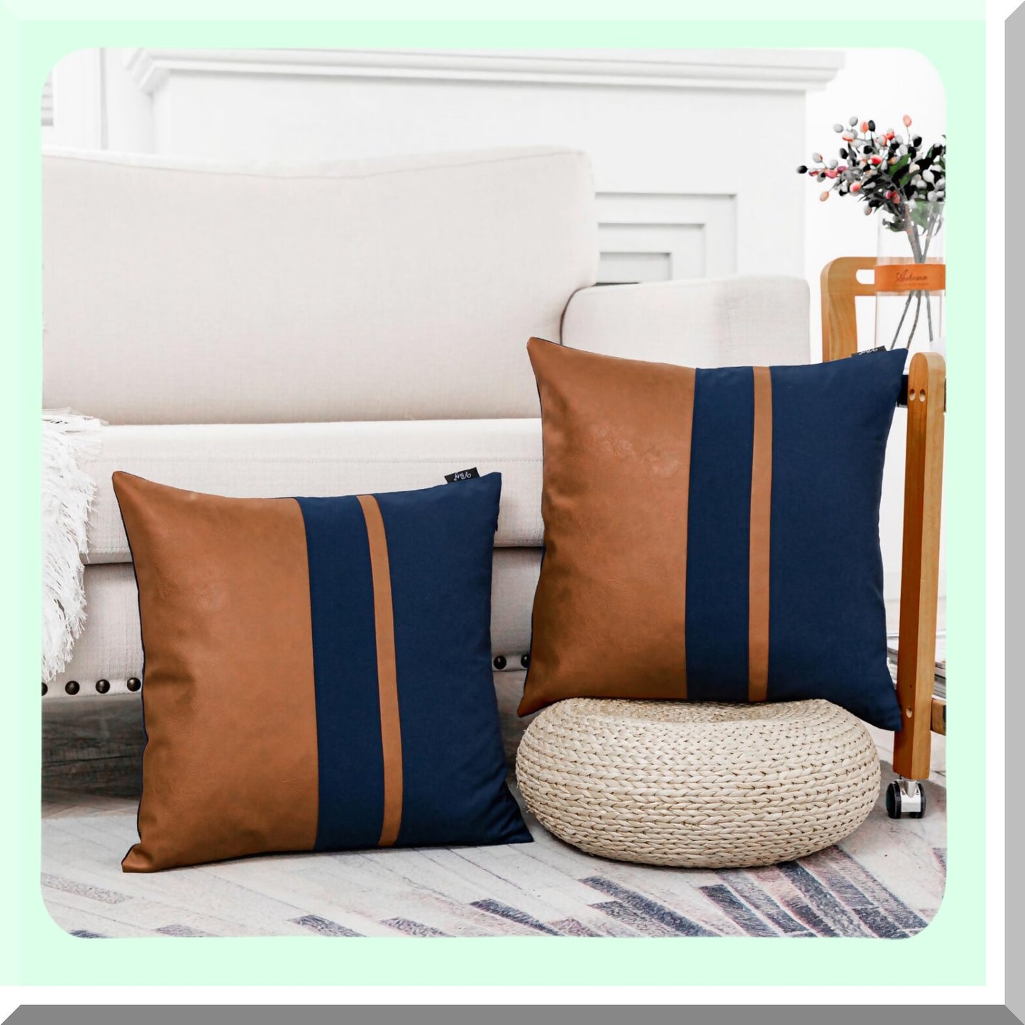 Navy Brown Patchwork Throw Pillow Covers - Set of 2, 18x18 Inch Leather Cotton Modern Farmhouse Accent Case for Living Room Couch Bed Boho Decor