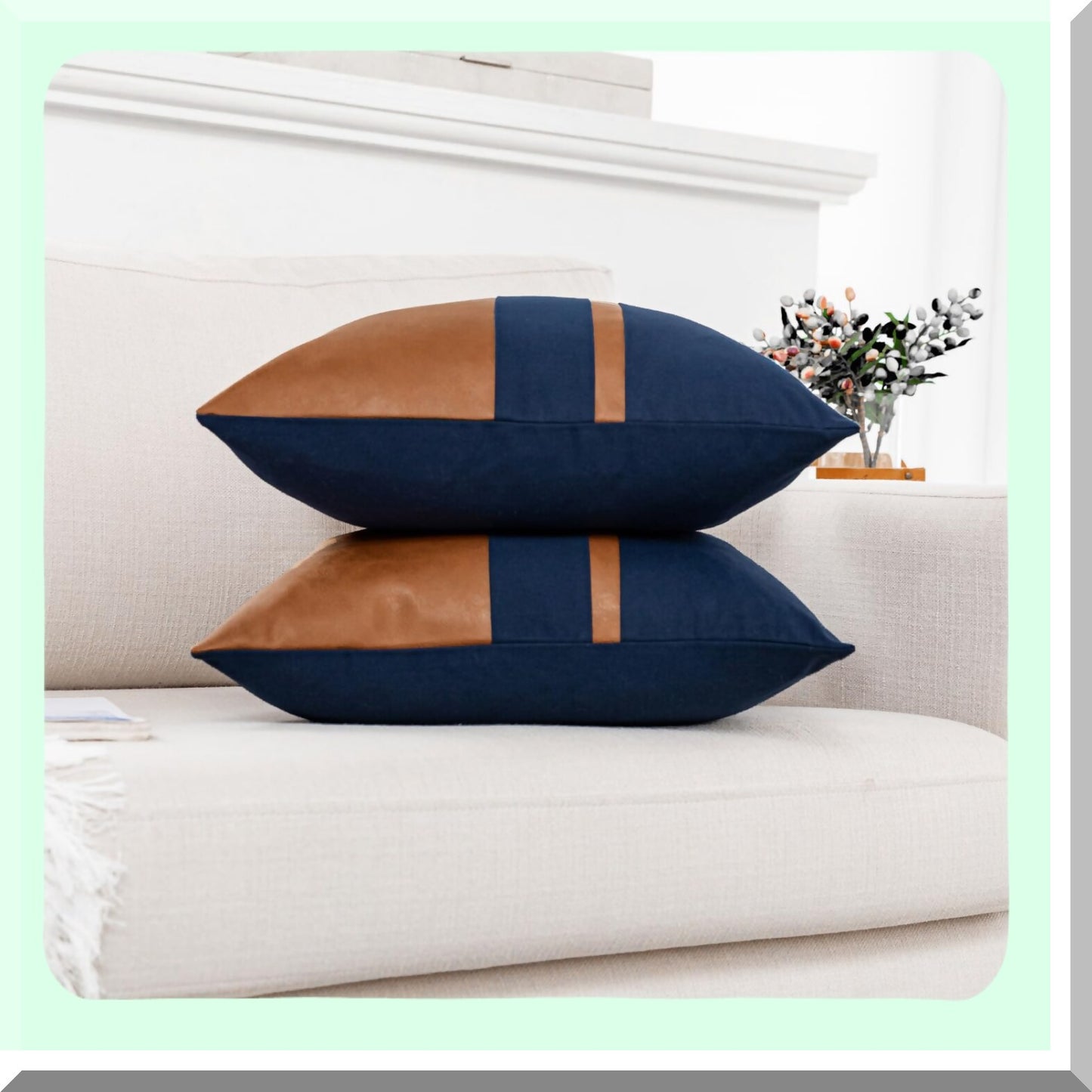 Navy Brown Patchwork Throw Pillow Covers - Set of 2, 18x18 Inch Leather Cotton Modern Farmhouse Accent Case for Living Room Couch Bed Boho Decor