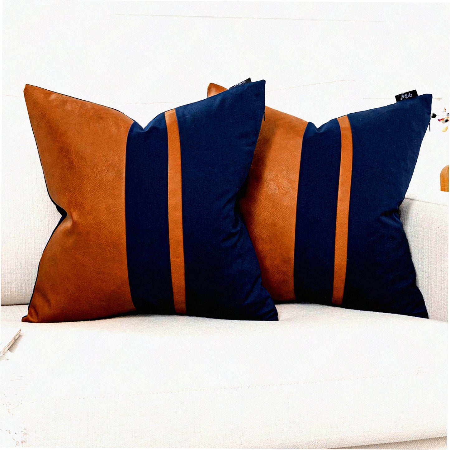 Navy Brown Patchwork Throw Pillow Covers - Set of 2, 18x18 Inch Leather Cotton Modern Farmhouse Accent Case for Living Room Couch Bed Boho Decor