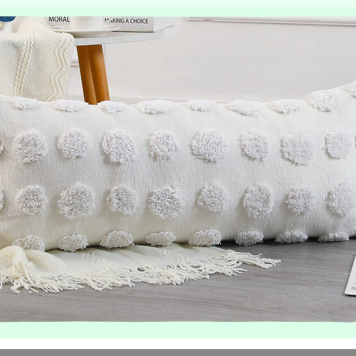Chenille Boho Lumbar Pillow Cover - Farmhouse Decor Cushion Case for Sofa Couch Bed - Soft Long Throw Pillow Cover - Modern Cream White Livingroom Accessory