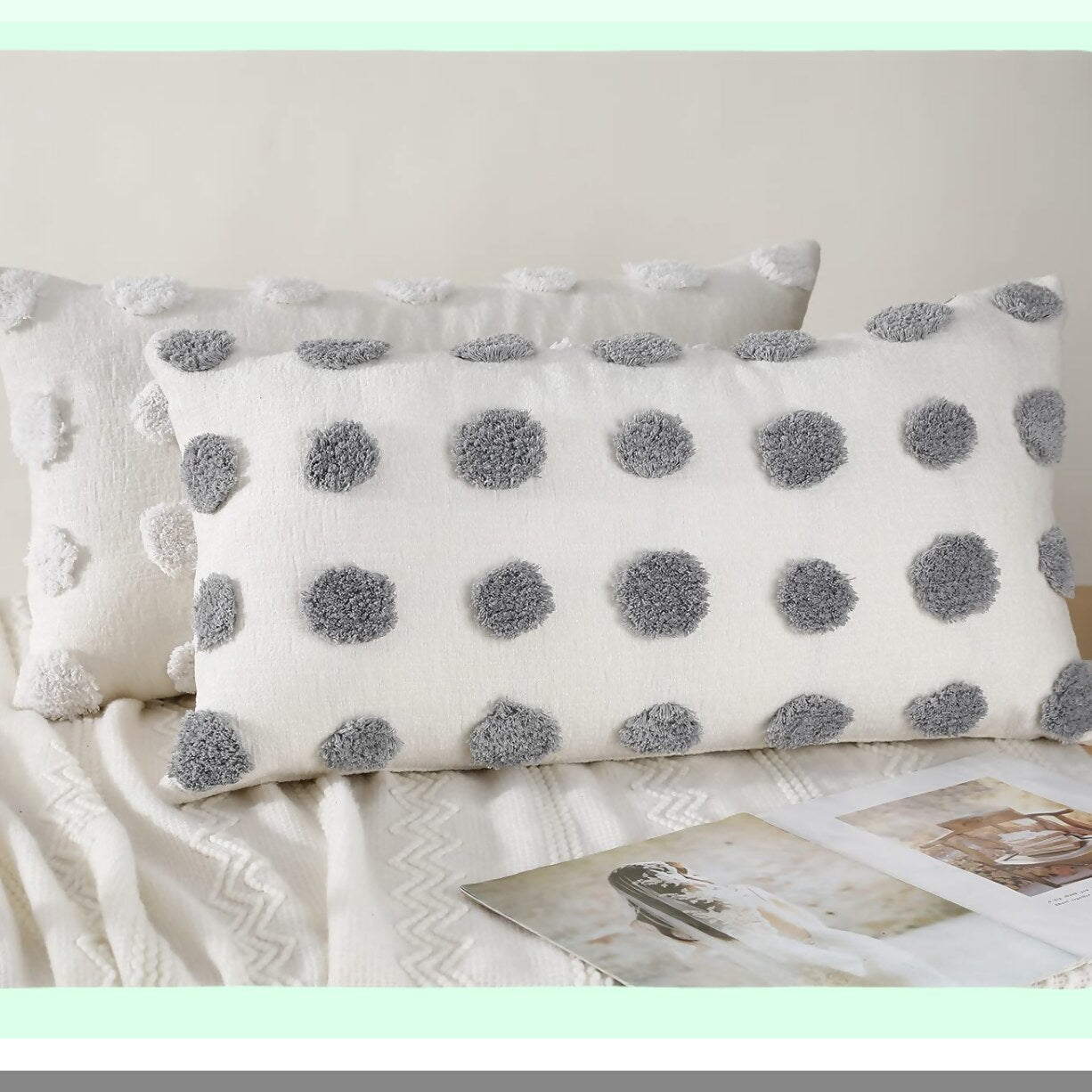 Chenille Boho Lumbar Pillow Cover - Farmhouse Decor Cushion Case for Sofa Couch Bed - Soft Long Throw Pillow Cover - Modern Cream White Livingroom Accessory