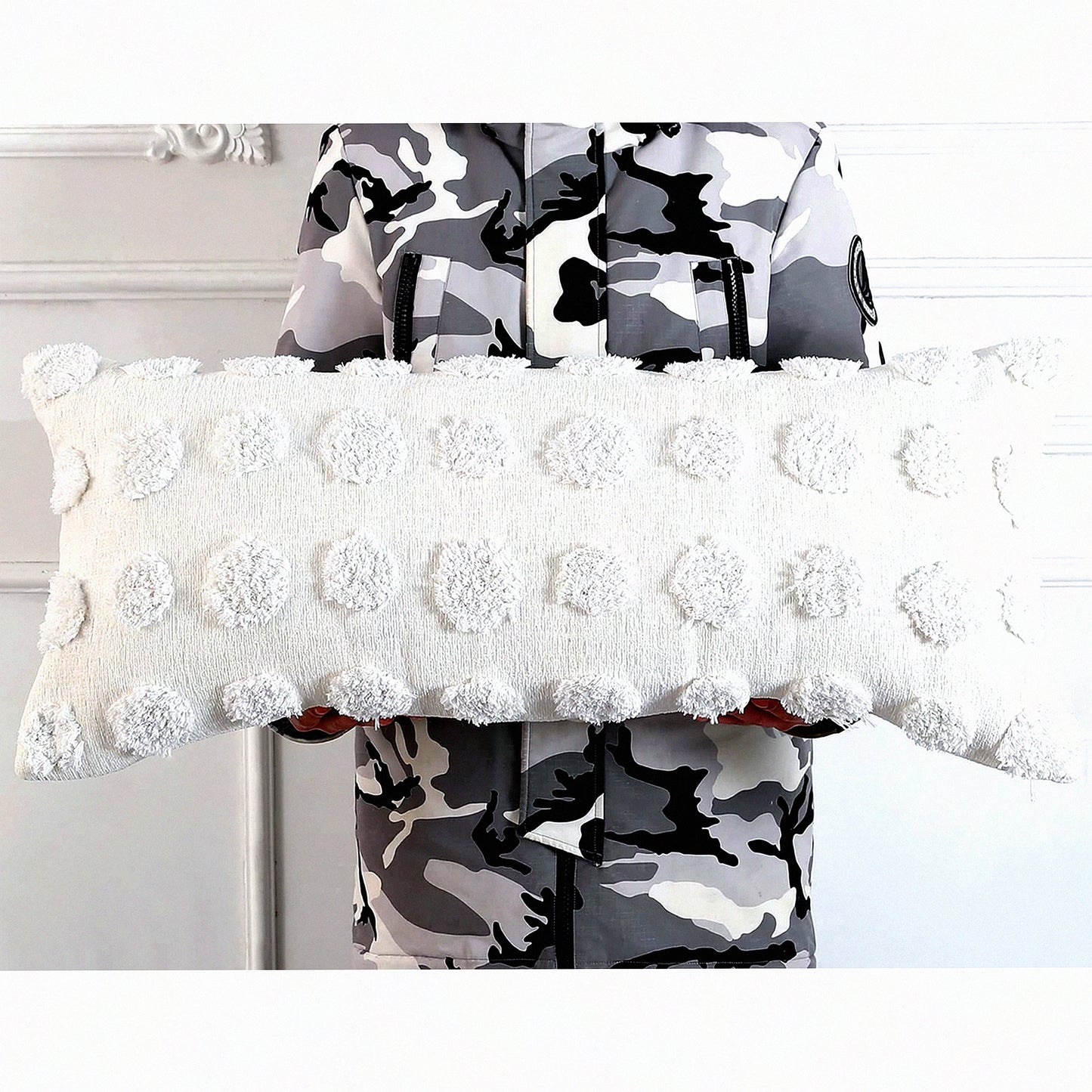 Chenille Boho Lumbar Pillow Cover - Farmhouse Decor Cushion Case for Sofa Couch Bed - Soft Long Throw Pillow Cover - Modern Cream White Livingroom Accessory