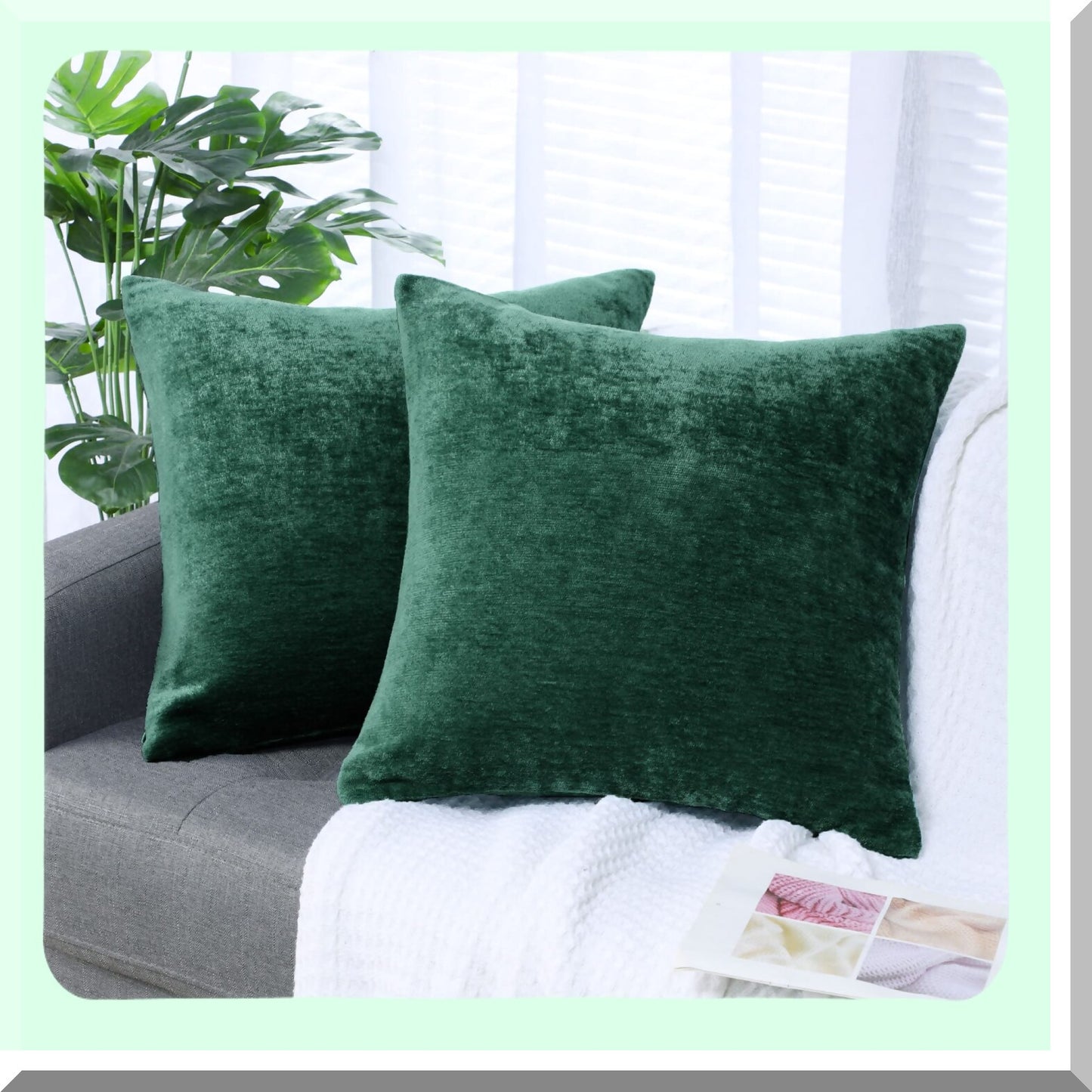 Water Repellent Chenille Throw Pillow Covers - Set of 2 Soft Decorative Cushion Covers for Sofa Car, 16x16 Inch Emerald Green - Home Cute Pillowcases