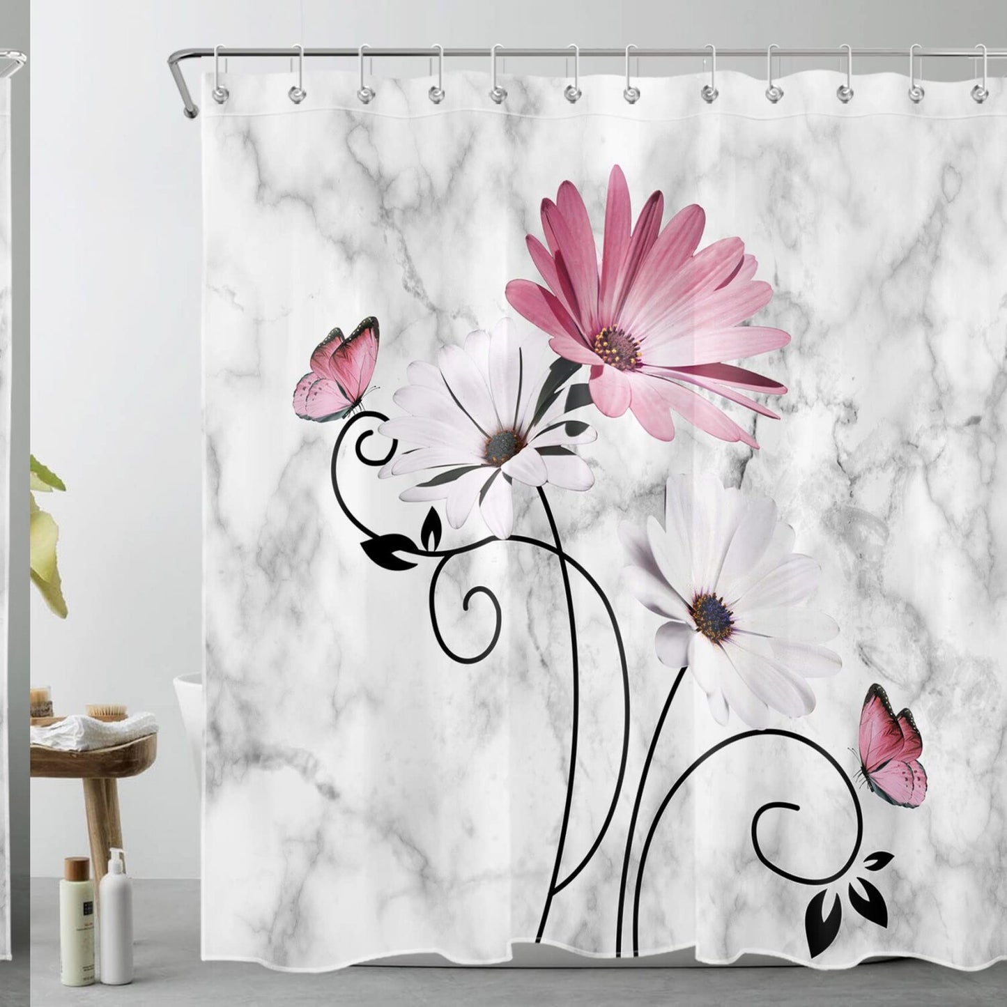 Pink Butterfly Floral Shower Curtain 72x72 Inch