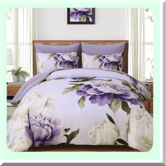 Floral Bliss 7-Piece Purple Queen Bedding Set - Soft Microfiber Botanical Comforter Set with Sheets - All Season Complete Bed in a Bag