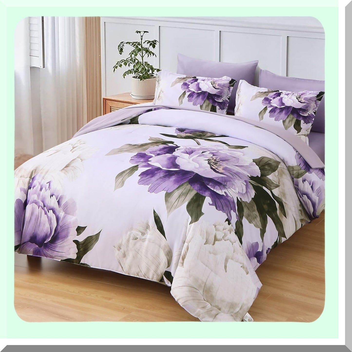Floral Bliss 7-Piece Purple Queen Bedding Set - Soft Microfiber Botanical Comforter Set with Sheets - All Season Complete Bed in a Bag