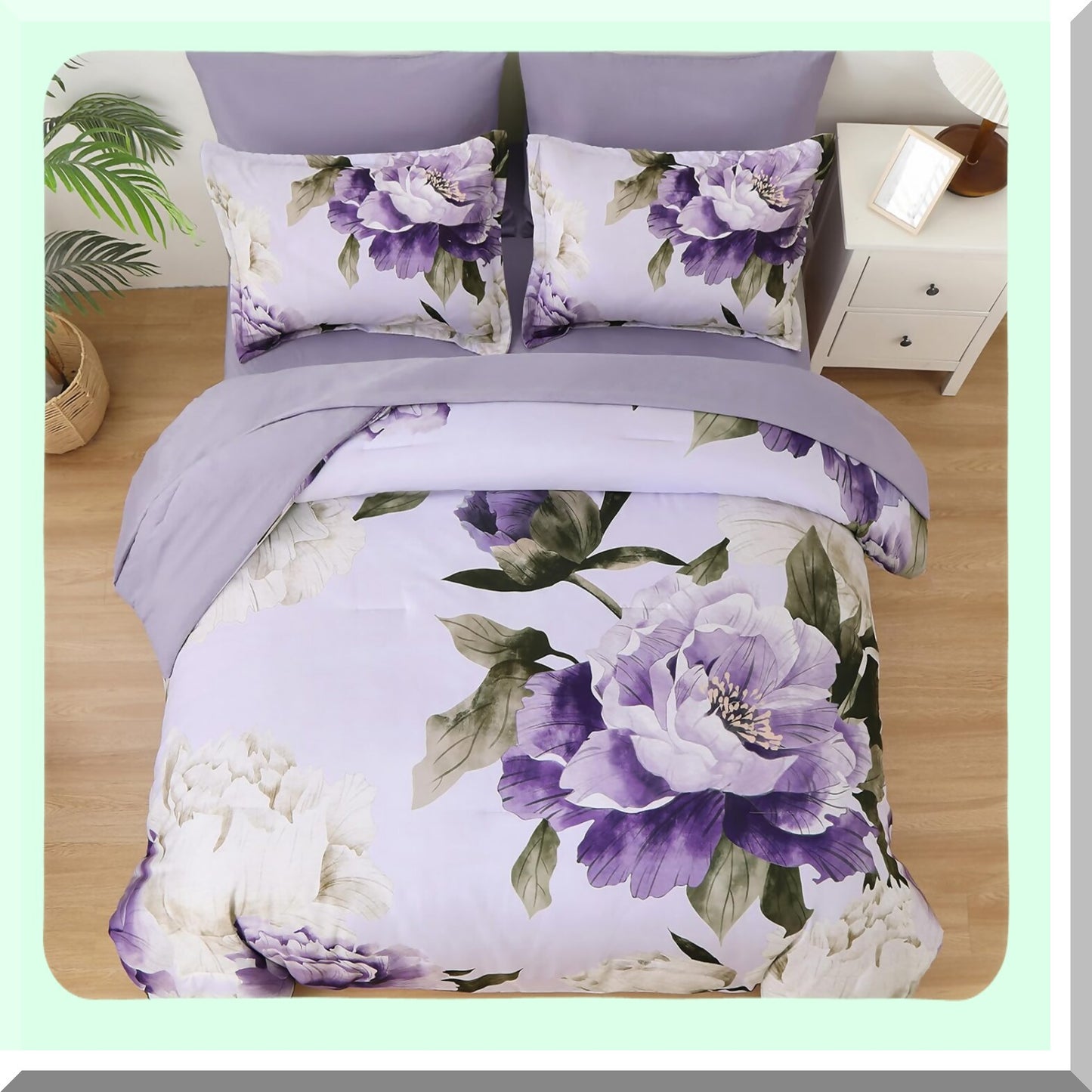 Floral Bliss 7-Piece Purple Queen Bedding Set - Soft Microfiber Botanical Comforter Set with Sheets - All Season Complete Bed in a Bag
