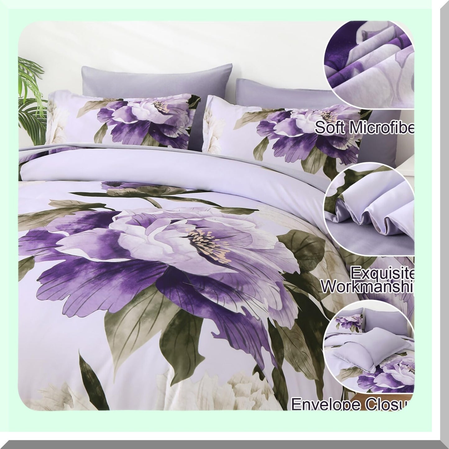 Floral Bliss 7-Piece Purple Queen Bedding Set - Soft Microfiber Botanical Comforter Set with Sheets - All Season Complete Bed in a Bag
