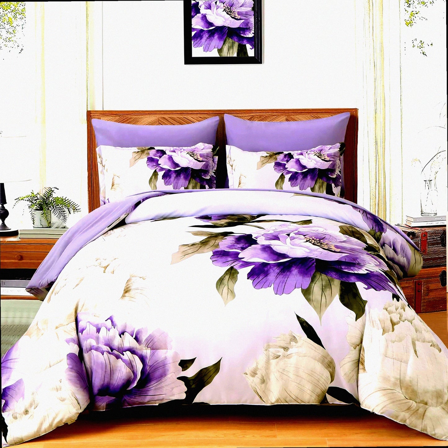 Floral Bliss 7-Piece Purple Queen Bedding Set - Soft Microfiber Botanical Comforter Set with Sheets - All Season Complete Bed in a Bag
