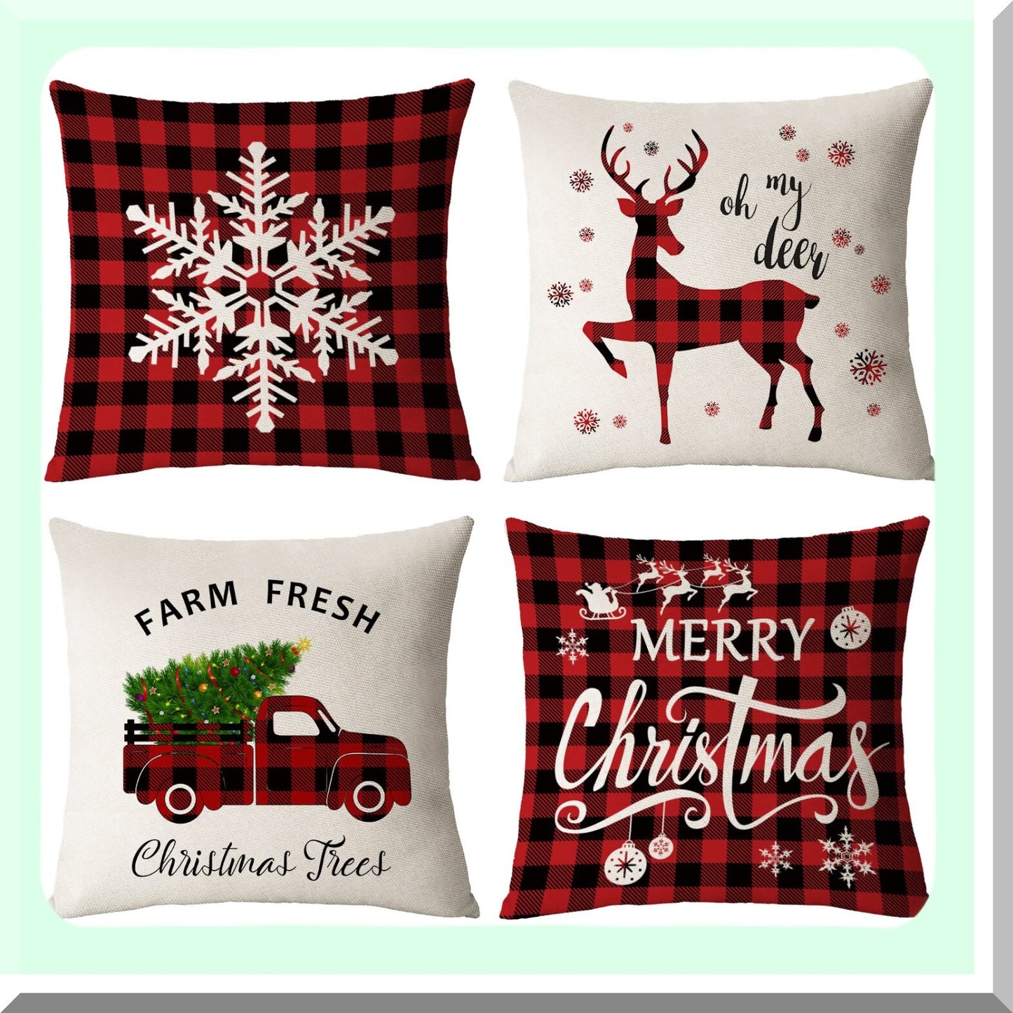 Holiday Cheer Pillow Covers - Set of 4 Red Green Xmas Decorative Throw Pillows - Tree Deer Pillow Cases - Home Outdoor Sofa Couch Cushion Covers for Decorations - 22x22