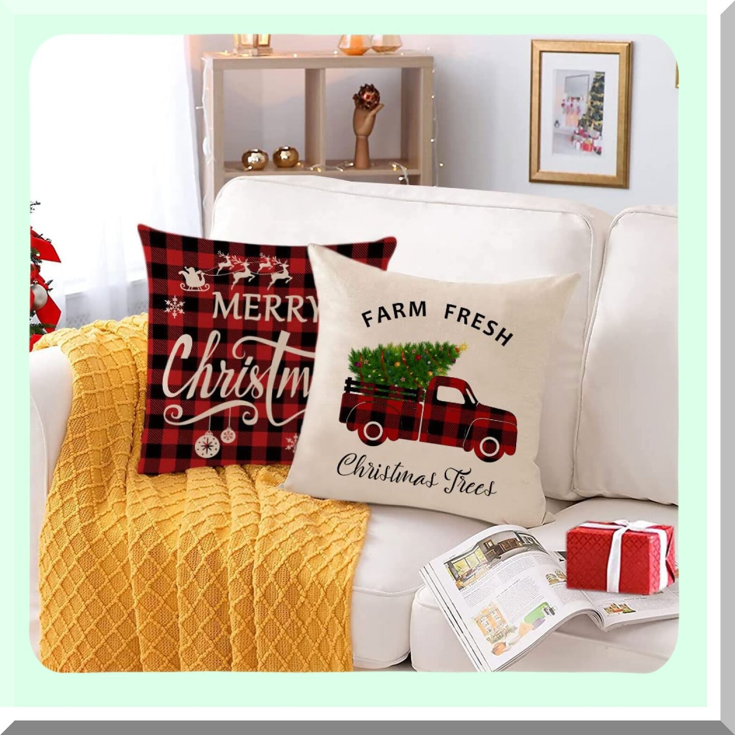 Holiday Cheer Pillow Covers - Set of 4 Red Green Xmas Decorative Throw Pillows - Tree Deer Pillow Cases - Home Outdoor Sofa Couch Cushion Covers for Decorations - 22x22
