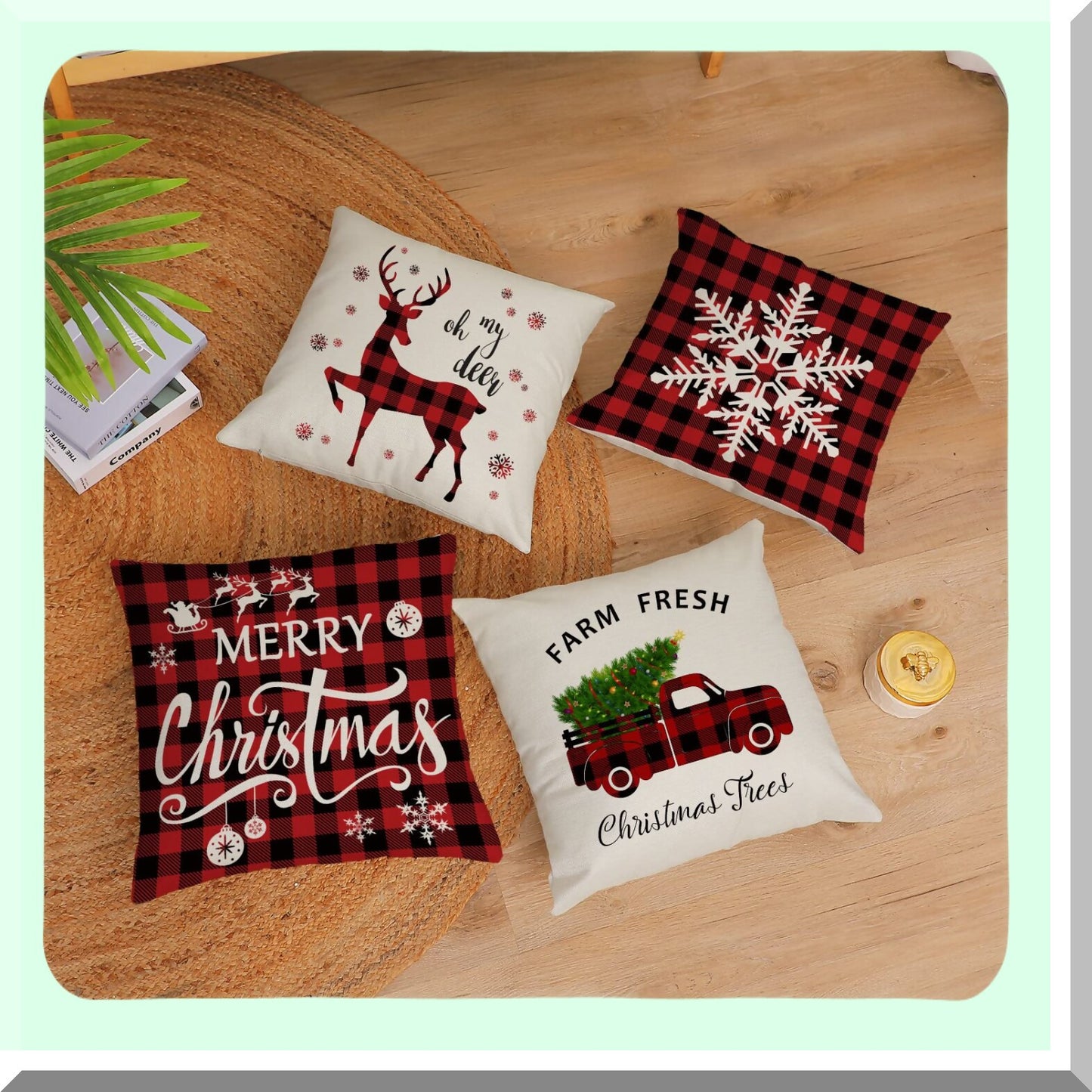 Holiday Cheer Pillow Covers - Set of 4 Red Green Xmas Decorative Throw Pillows - Tree Deer Pillow Cases - Home Outdoor Sofa Couch Cushion Covers for Decorations - 22x22