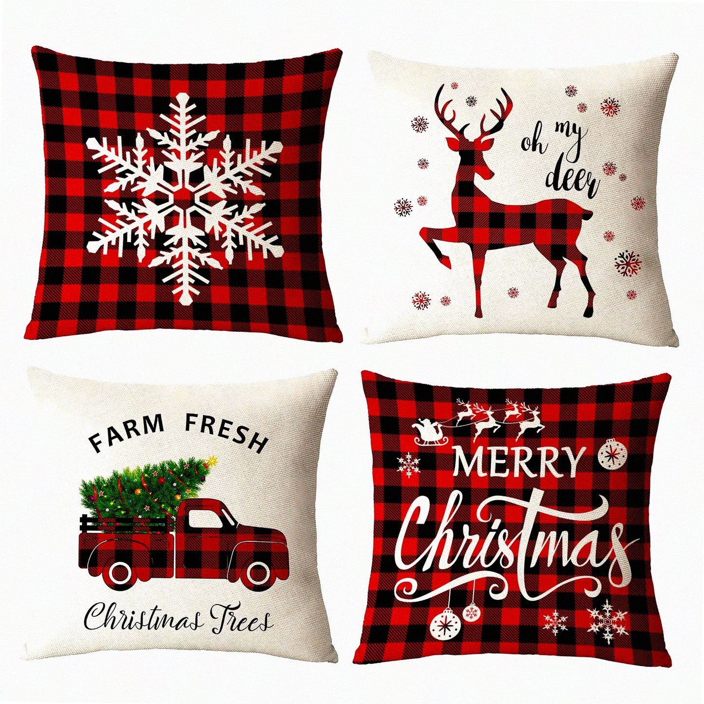 Holiday Cheer Pillow Covers - Set of 4 Red Green Xmas Decorative Throw Pillows - Tree Deer Pillow Cases - Home Outdoor Sofa Couch Cushion Covers for Decorations - 22x22