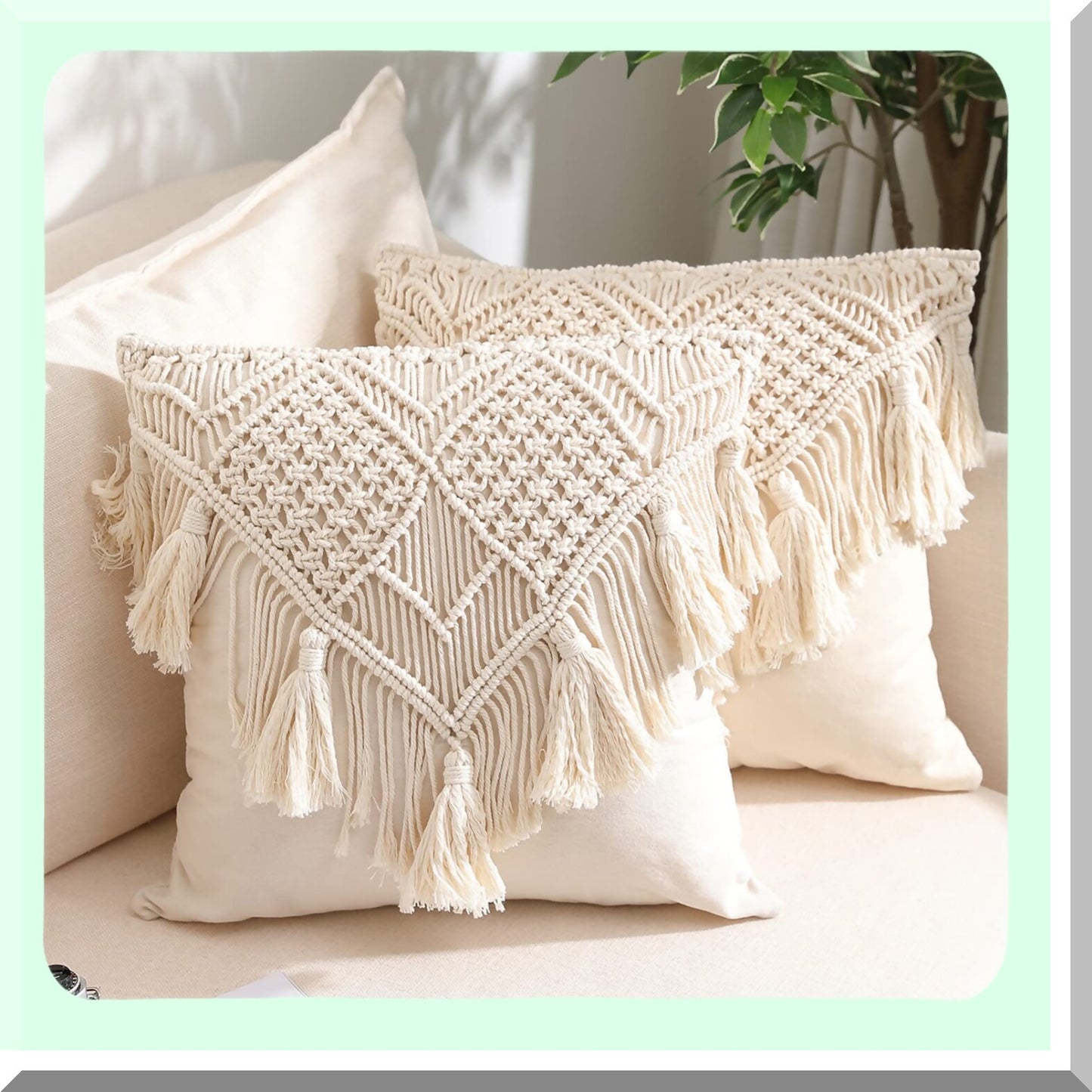 Boho Chic Tassel Pillow Covers - Set of 2 Decorative Cushion Cases for Home Decor, Woven Macrame Throw Pillowcases for Bed, Sofa, Couch, Bench, Car - 17X17 inch Cream Square Pillows
