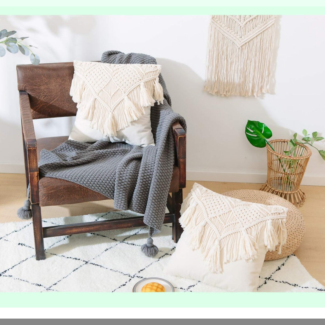 Boho Chic Tassel Pillow Covers - Set of 2 Decorative Cushion Cases for Home Decor, Woven Macrame Throw Pillowcases for Bed, Sofa, Couch, Bench, Car - 17X17 inch Cream Square Pillows