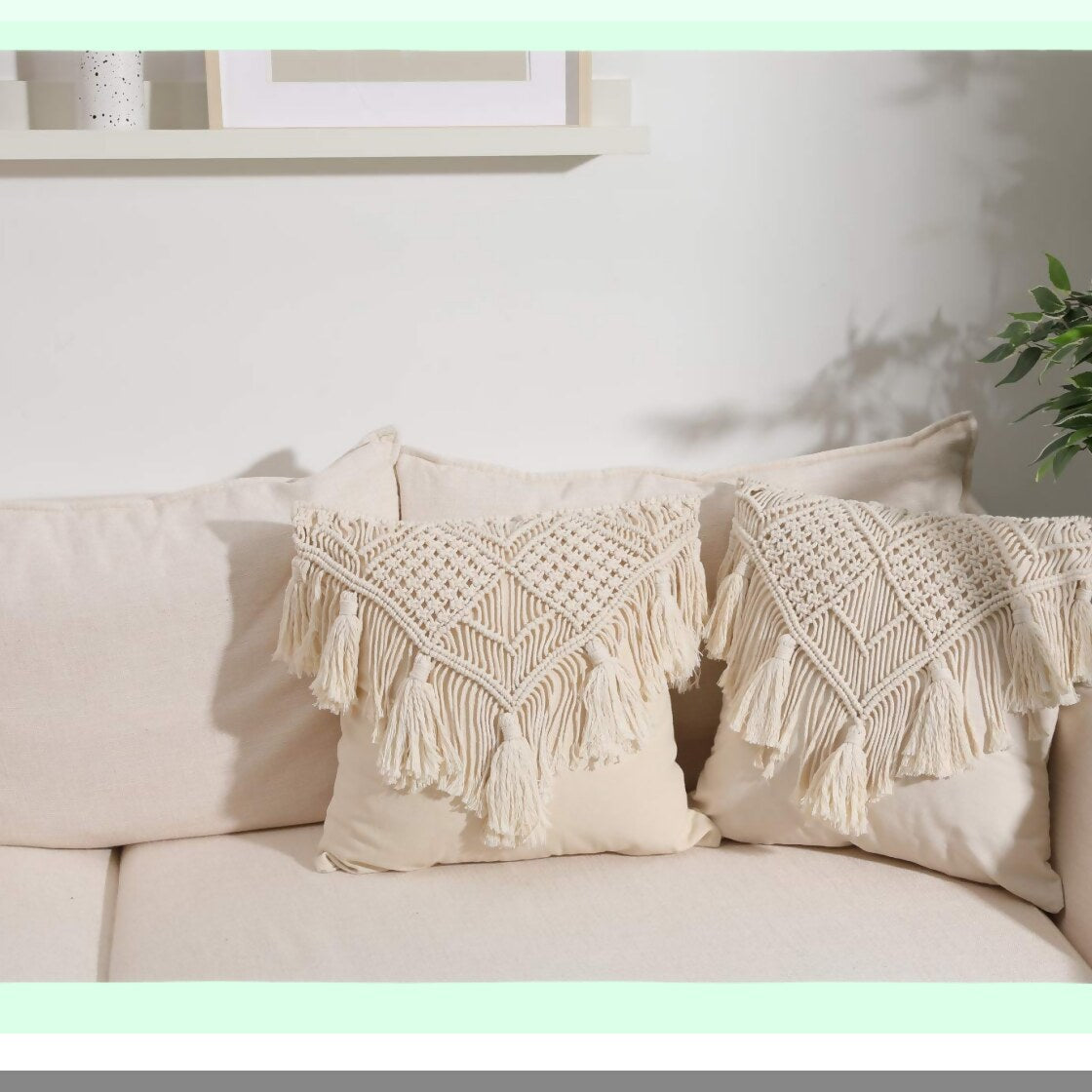 Boho Chic Tassel Pillow Covers - Set of 2 Decorative Cushion Cases for Home Decor, Woven Macrame Throw Pillowcases for Bed, Sofa, Couch, Bench, Car - 17X17 inch Cream Square Pillows