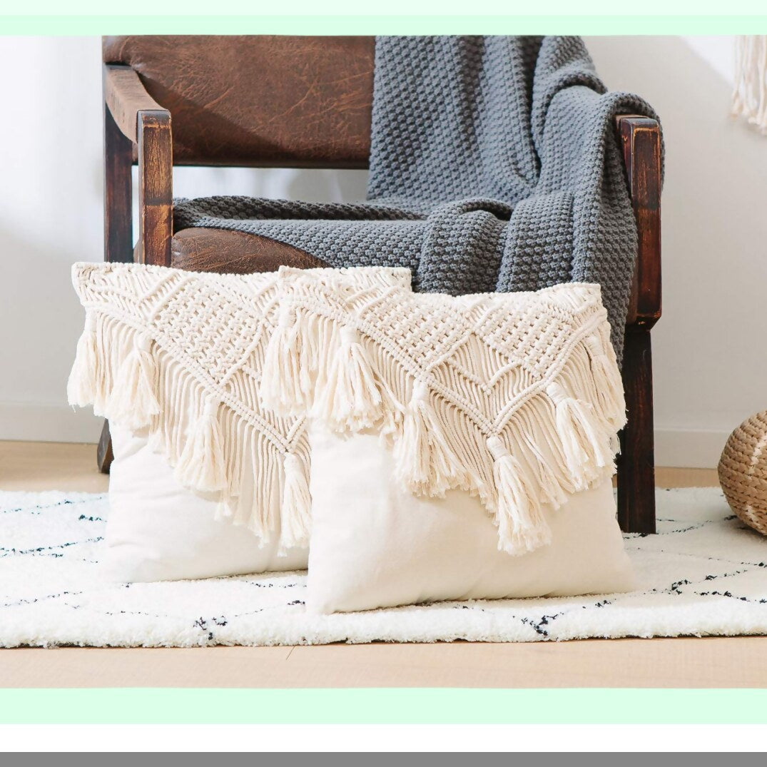 Boho Chic Tassel Pillow Covers - Set of 2 Decorative Cushion Cases for Home Decor, Woven Macrame Throw Pillowcases for Bed, Sofa, Couch, Bench, Car - 17X17 inch Cream Square Pillows
