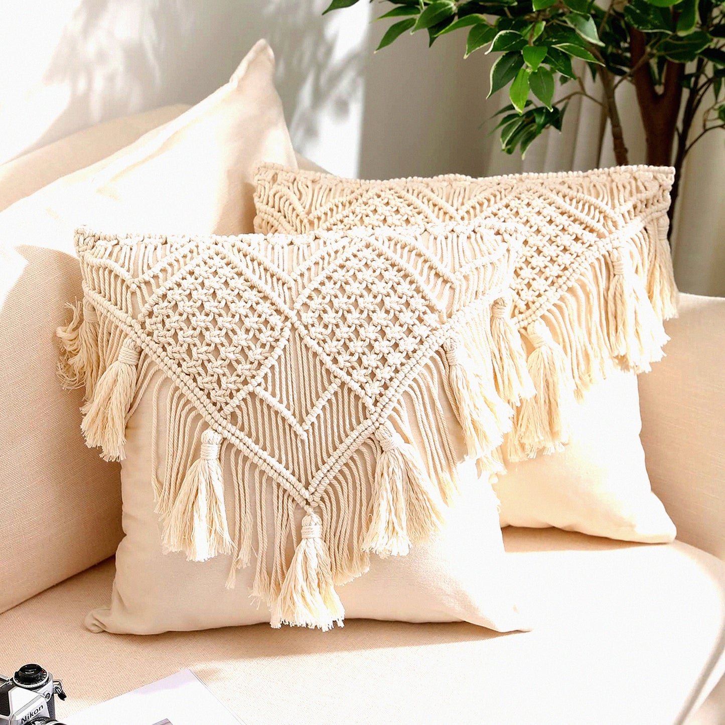 Boho Chic Tassel Pillow Covers - Set of 2 Decorative Cushion Cases for Home Decor, Woven Macrame Throw Pillowcases for Bed, Sofa, Couch, Bench, Car - 17X17 inch Cream Square Pillows