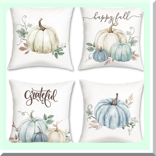 Autumn Harvest Decor Pillow Covers - Set of 4, 18x18 Inch Fall Pumpkin Grateful Throw Pillow Cases for Sofa Couch - Thanksgiving Home Decor