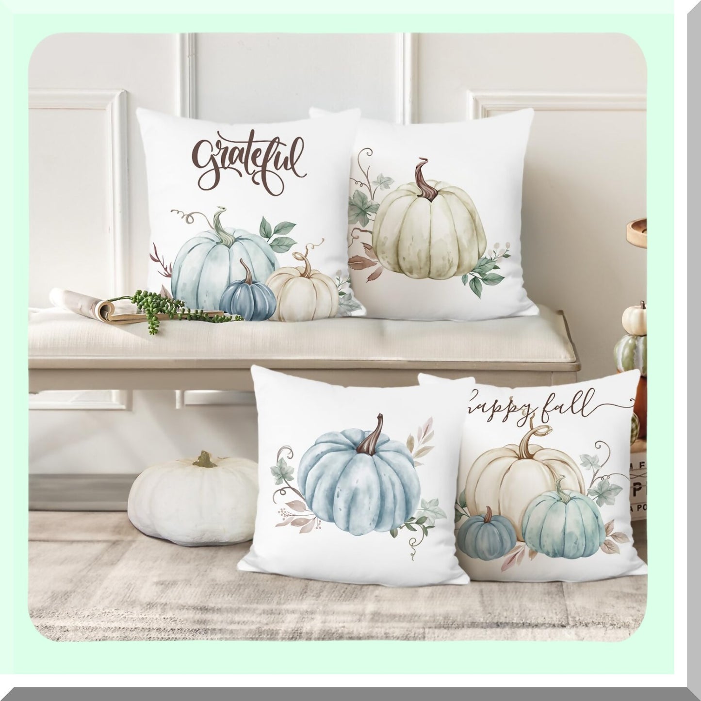 Autumn Harvest Decor Pillow Covers - Set of 4, 18x18 Inch Fall Pumpkin Grateful Throw Pillow Cases for Sofa Couch - Thanksgiving Home Decor