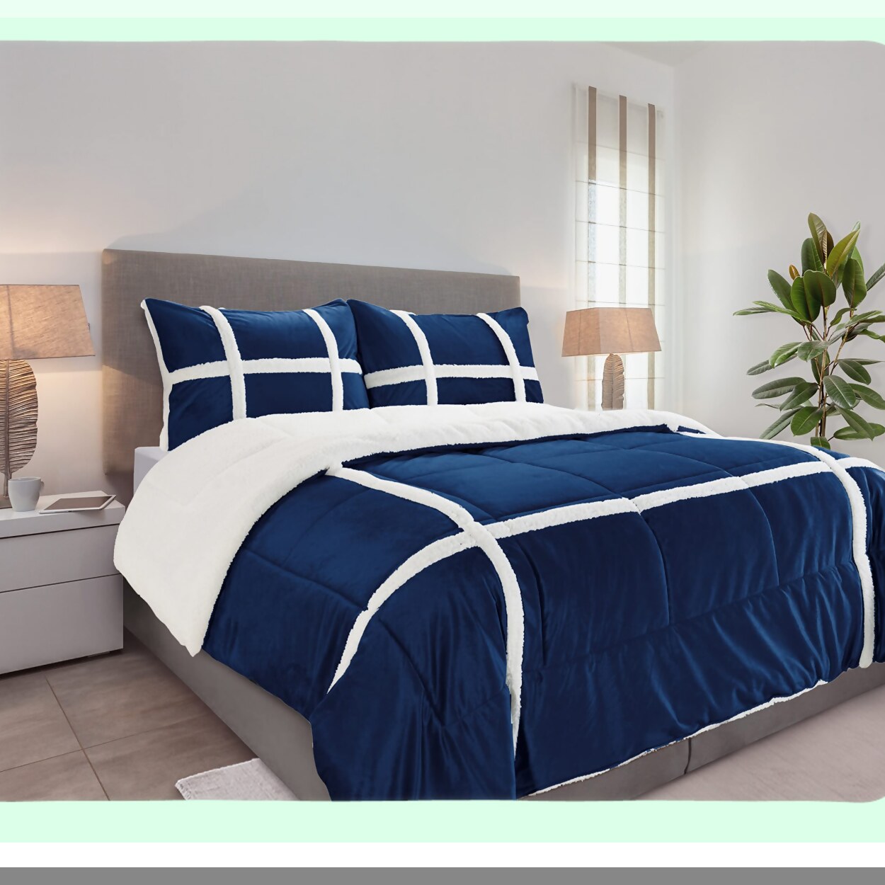 Luxury Stripe Sherpa Comforter Set - Plush Queen Size Bedding with Reversible Design, Soft Sherpa Backing, and Textured Comfort Weight in Royal Navy Blue
