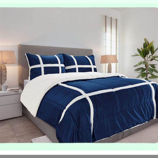 Luxury Stripe Sherpa Comforter Set - Plush Queen Size Bedding with Reversible Design, Soft Sherpa Backing, and Textured Comfort Weight in Royal Navy Blue