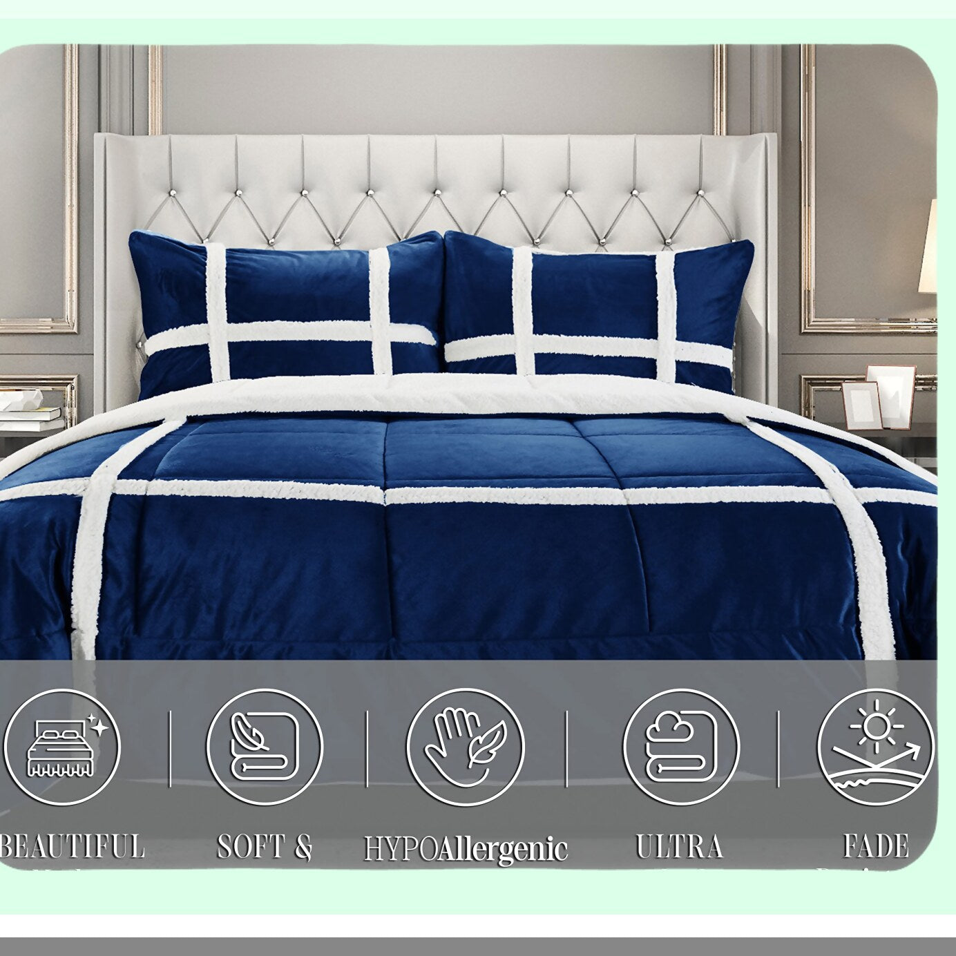 Luxury Stripe Sherpa Comforter Set - Plush Queen Size Bedding with Reversible Design, Soft Sherpa Backing, and Textured Comfort Weight in Royal Navy Blue