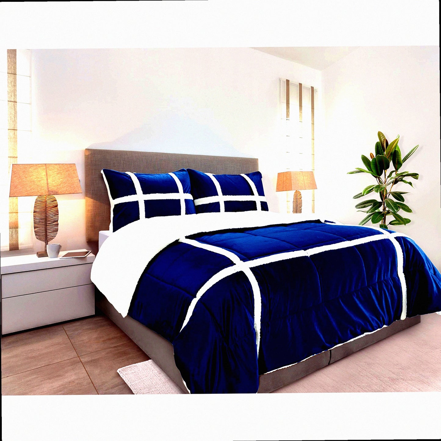 Luxury Stripe Sherpa Comforter Set - Plush Queen Size Bedding with Reversible Design, Soft Sherpa Backing, and Textured Comfort Weight in Royal Navy Blue