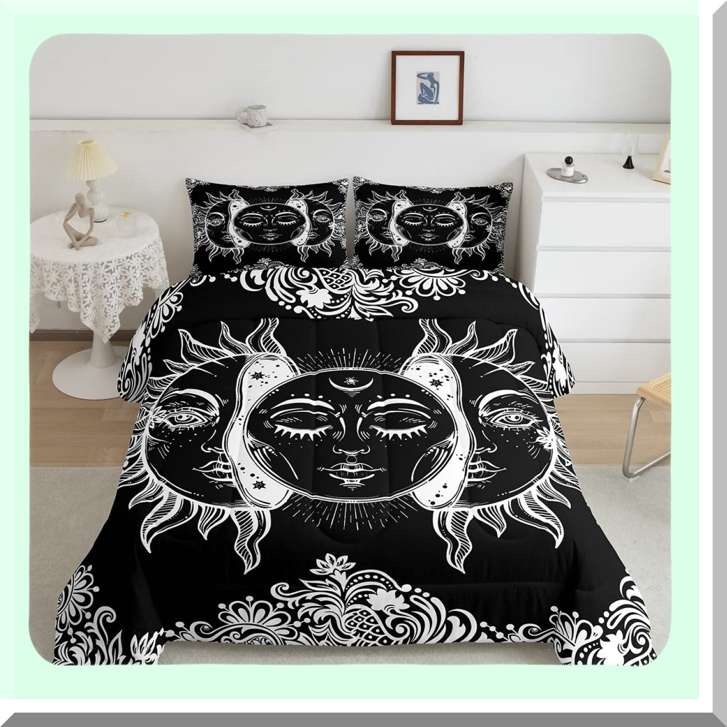 Boho Botanical Bliss Comforter Set - Exotic Bohemian Bedding for Women & Teens - Black & White Floral Quilted Duvet with Pillowcases - Sun & Moon Design