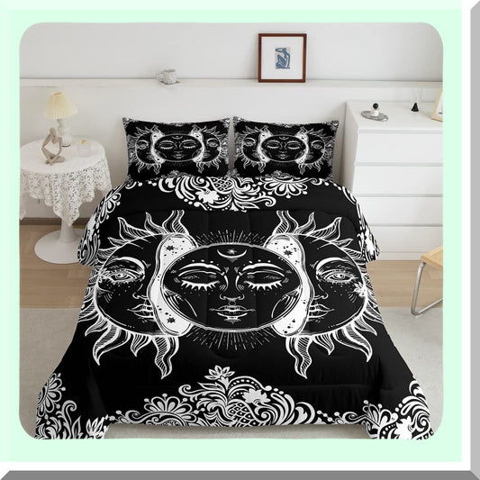 Boho Botanical Bliss Comforter Set - Exotic Bohemian Bedding for Women & Teens - Black & White Floral Quilted Duvet with Pillowcases - Sun & Moon Design