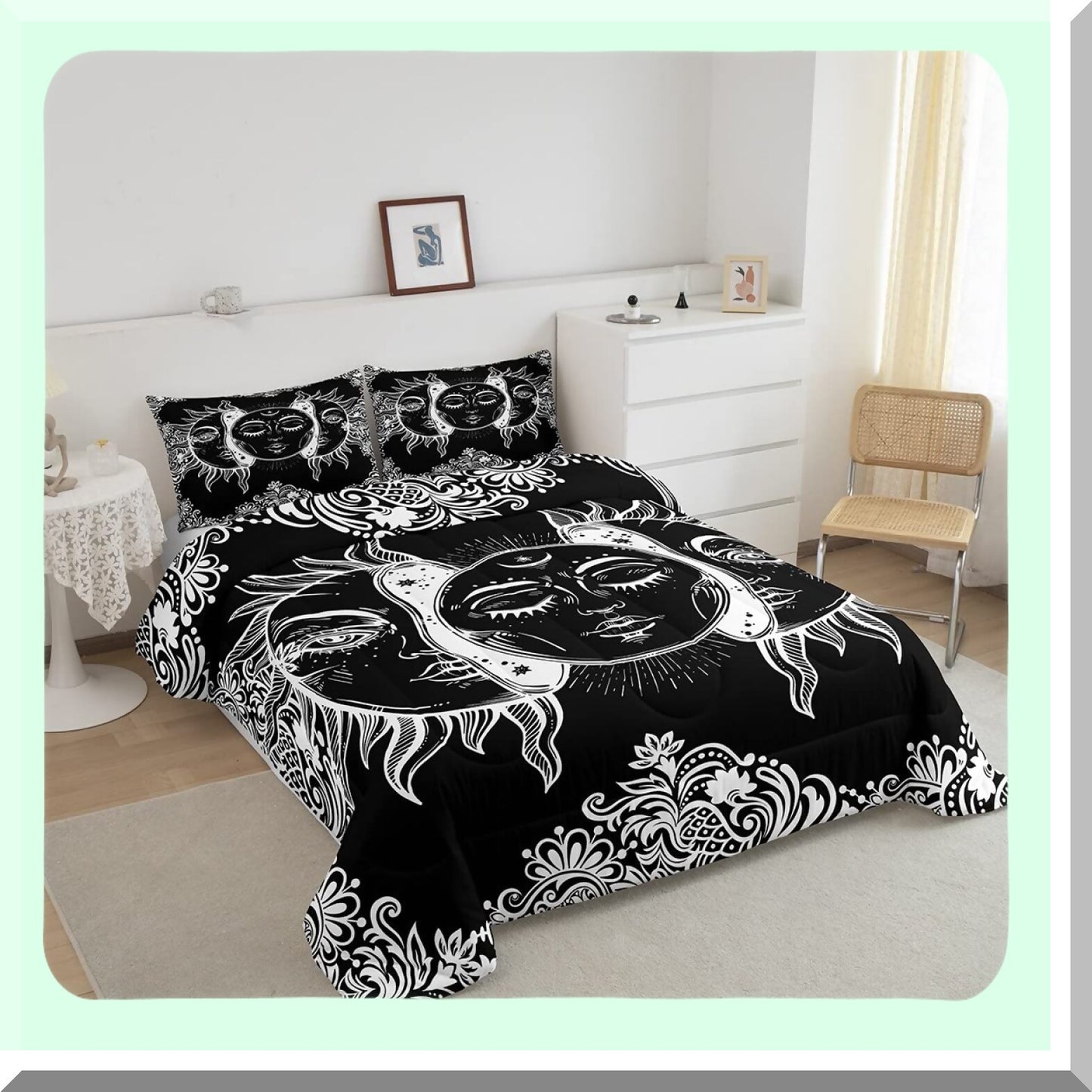 Boho Botanical Bliss Comforter Set - Exotic Bohemian Bedding for Women & Teens - Black & White Floral Quilted Duvet with Pillowcases - Sun & Moon Design