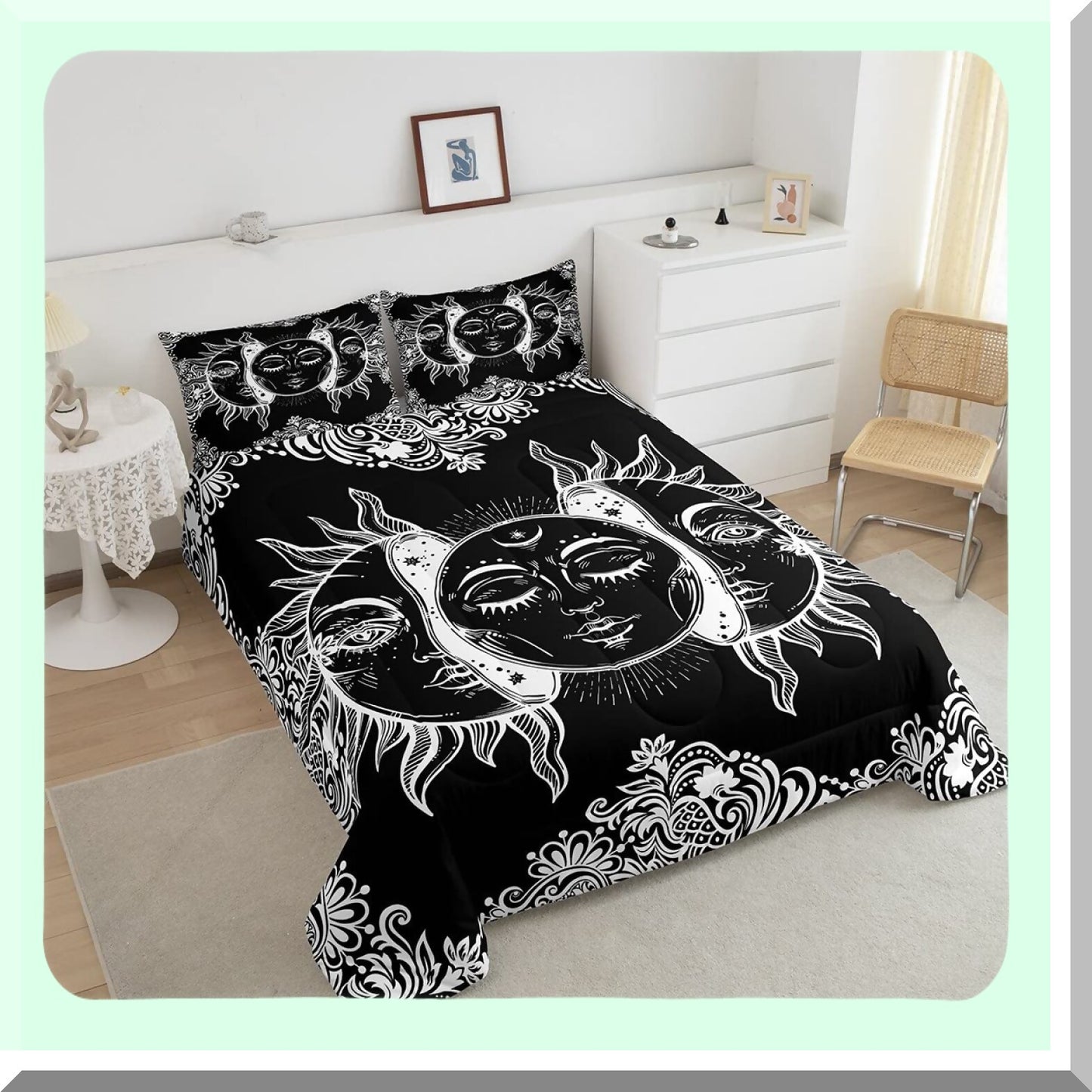 Boho Botanical Bliss Comforter Set - Exotic Bohemian Bedding for Women & Teens - Black & White Floral Quilted Duvet with Pillowcases - Sun & Moon Design
