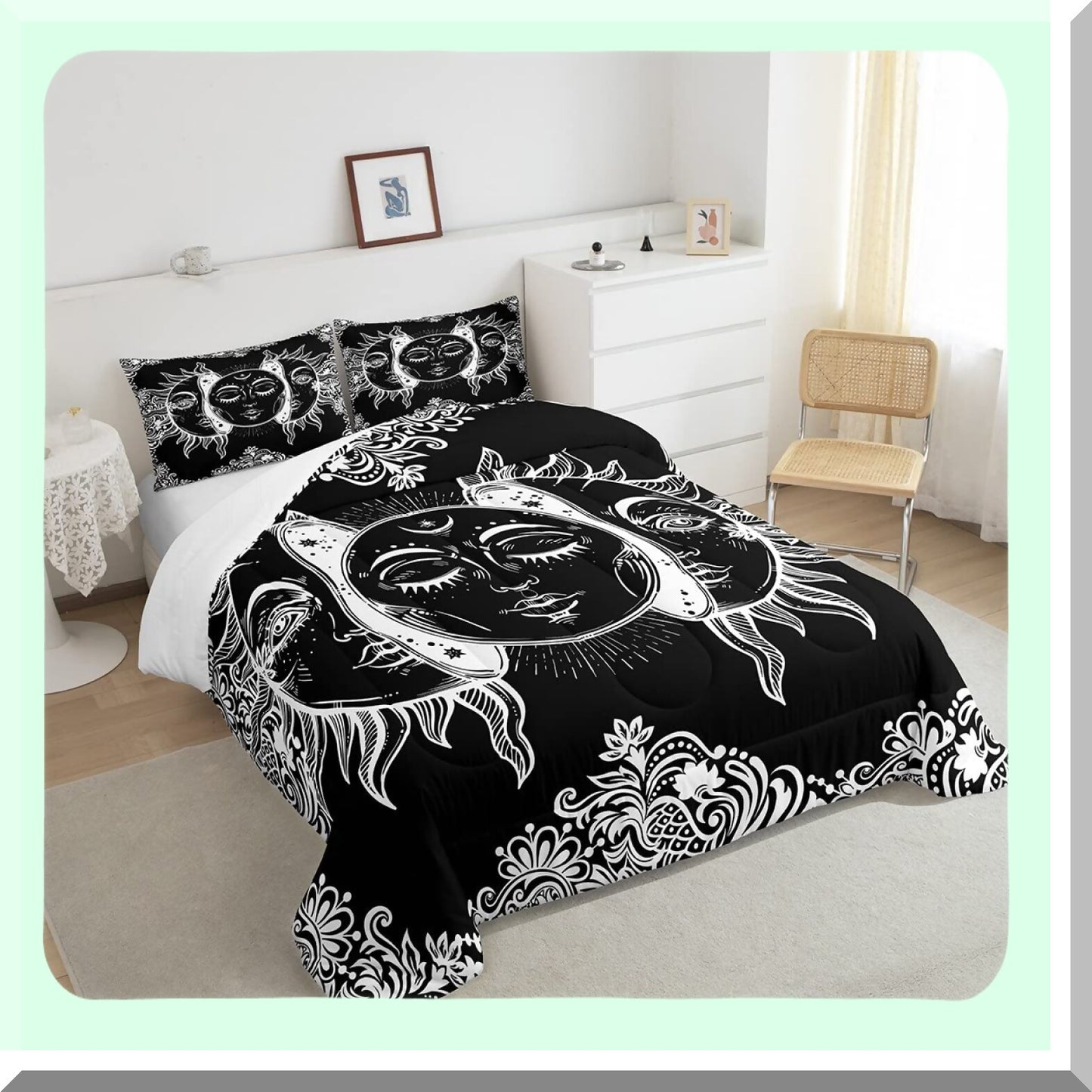 Boho Botanical Bliss Comforter Set - Exotic Bohemian Bedding for Women & Teens - Black & White Floral Quilted Duvet with Pillowcases - Sun & Moon Design